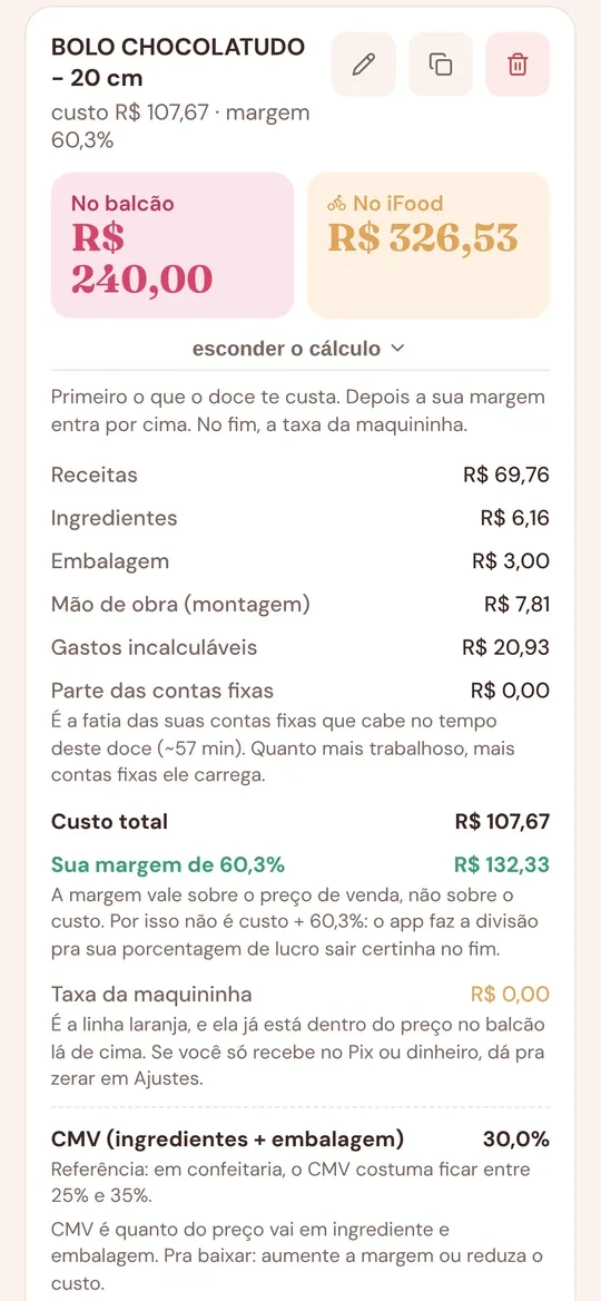 Tela real de precificação no App Massucar
