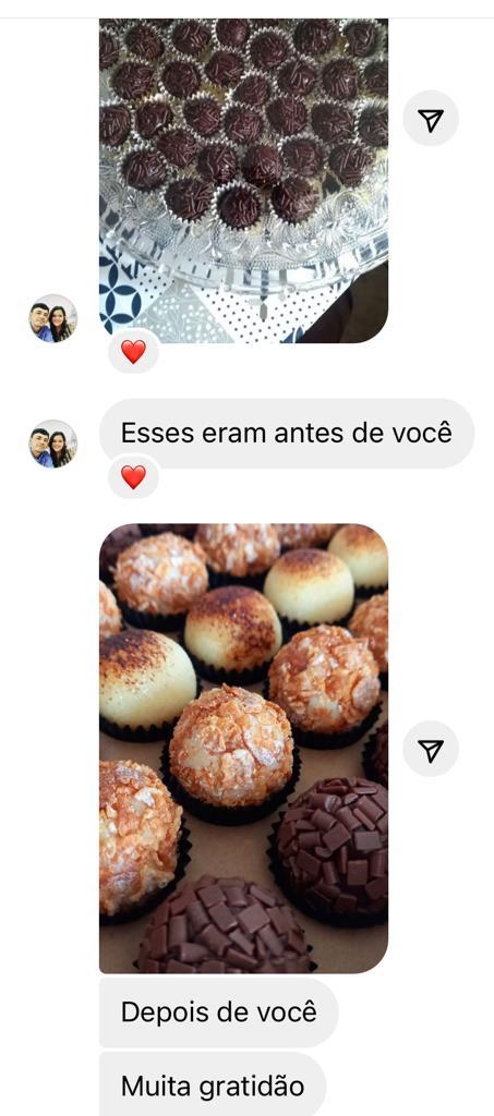 Relato original de aluna mostrando seus brigadeiros antes e depois do BSS